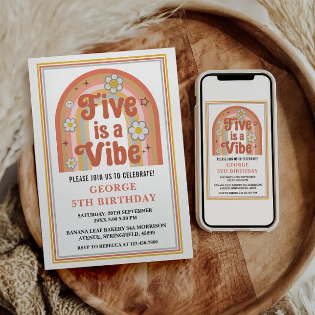 Invitación Retro Rainbow FIVE is a Vibe Groovy 5th Birthday (Subido por el creador)