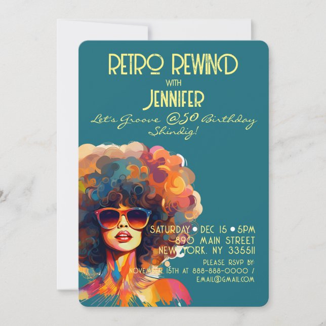 Invitación Retro Rebobinado femenino 50 cumpleaños Fiesta Shi (Anverso)