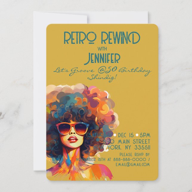 Invitación Retro Rebobinado femenino 50 cumpleaños Fiesta Shi (Anverso)