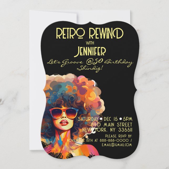 Invitación Retro Rebobinado femenino 50 cumpleaños Fiesta Shi (Anverso)