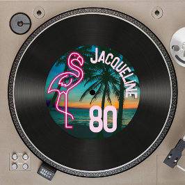 Invitación Retro Record Tropical Neon Flamingo 80 cumpleaños