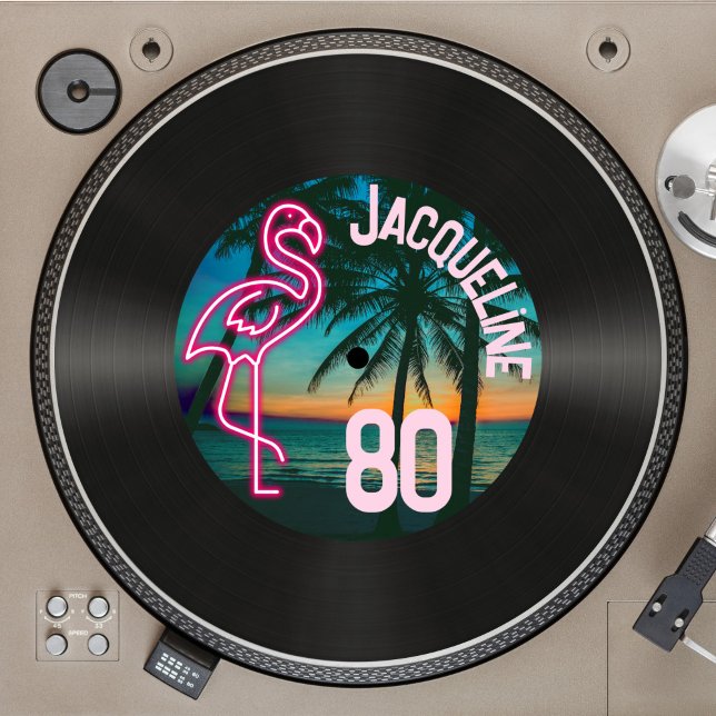 Invitación Retro Record Tropical Neon Flamingo 80 cumpleaños (Subido por el creador)