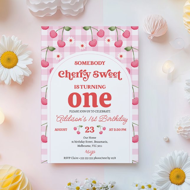 Invitación Retro Red Alguien Feliz Cumpleaños (Modern Cherry Sweet Birthday Invitation Template, Retro Arch Cherry Birthday Invitation for Girl)