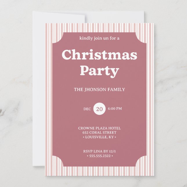 Invitación Retro Red Christmas Party Striped Invitation (Anverso)