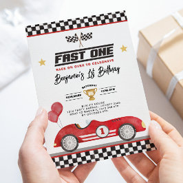 Invitación Retro Red Fast One Race Car Boy 1er cumpleaños