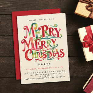 Invitación Retro Red Green Merry Christmas Watercolor Typo