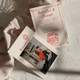 Invitación Retro Red Hand Drake Boda de fotos corto por escri