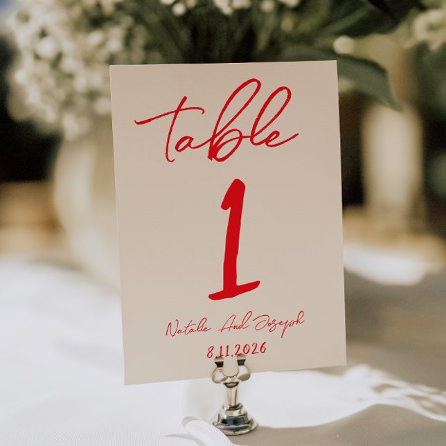 Invitación Retro Red Hand Written Wedding Table Number (Subido por el creador)