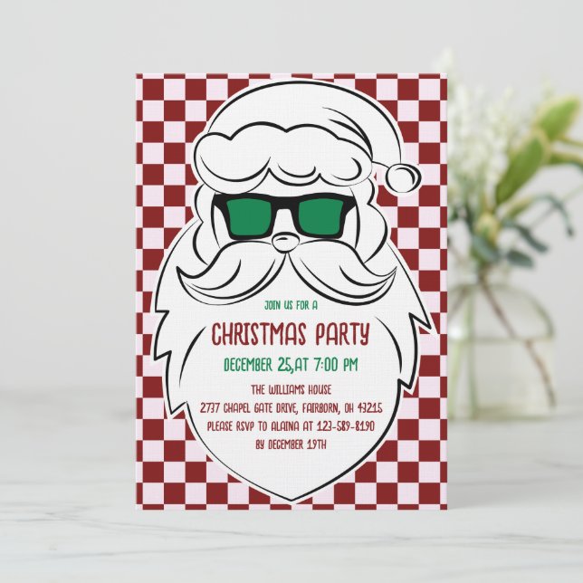 Invitación Retro Red Pink Checkered Santa Claus Christmas  (Anverso de pie)