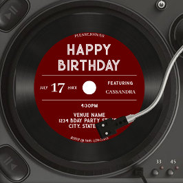 Invitación Rétro Red Vinyl Record Negro Feliz Cumpleaños Fies