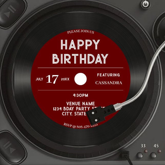 Invitación Rétro Red Vinyl Record Negro Feliz Cumpleaños Fies (Retro Red Vinyl Record Black Happy Birthday Party Invitation)