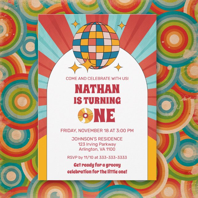 Invitación Retro Rojo Primer Niño Cumpleaños Groovy Fiesta Vi (Subido por el creador)