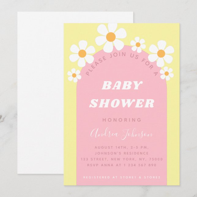 Invitación Retro Rojo Rosado Boho Arch Daisy Cute Baby Shower (Anverso / Reverso)