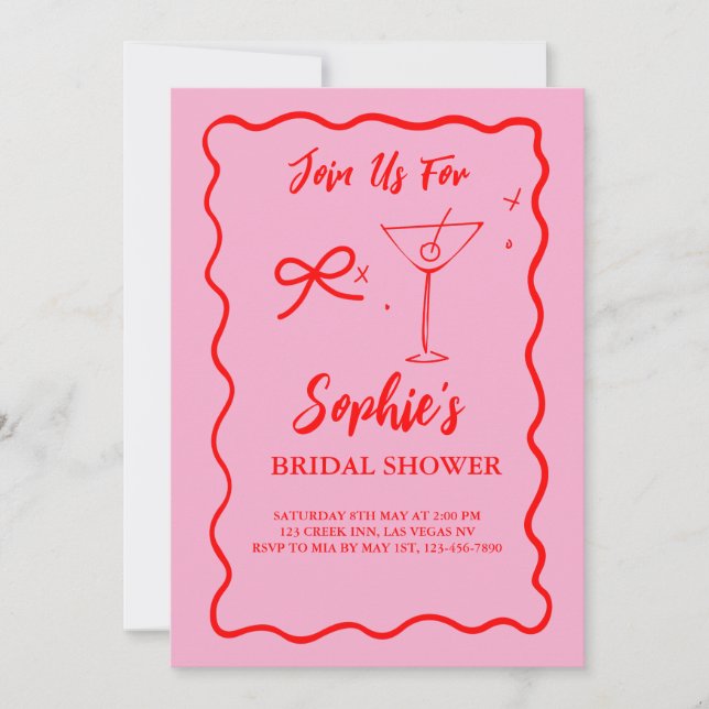 Invitación Retro Rojo Y Rosa Ducha De Novias Martini Bow (Anverso)