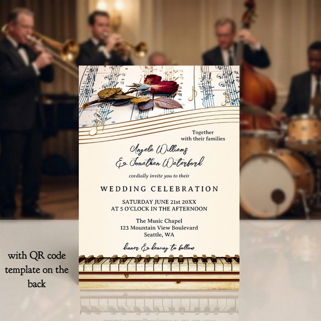 Invitación Retro Romantic Classical Music Rose Wedding (Music themed wedding invitation with vintage roses and a piano keyboard - with QR code template)