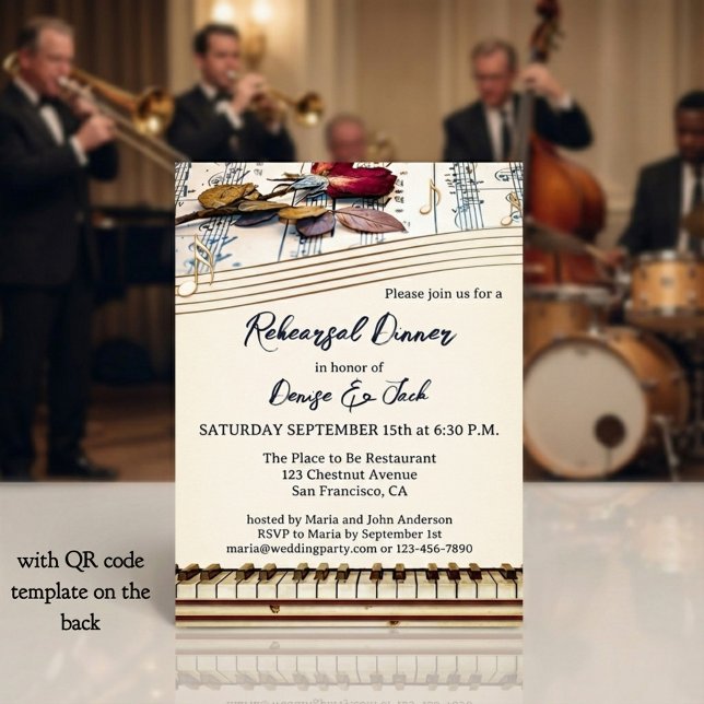 Invitación Retro Romantic Music Themed Rehearsal Dinner (Elegant retro music themed wedding rehearsal dinner invitation with roses and a piano keyboard)