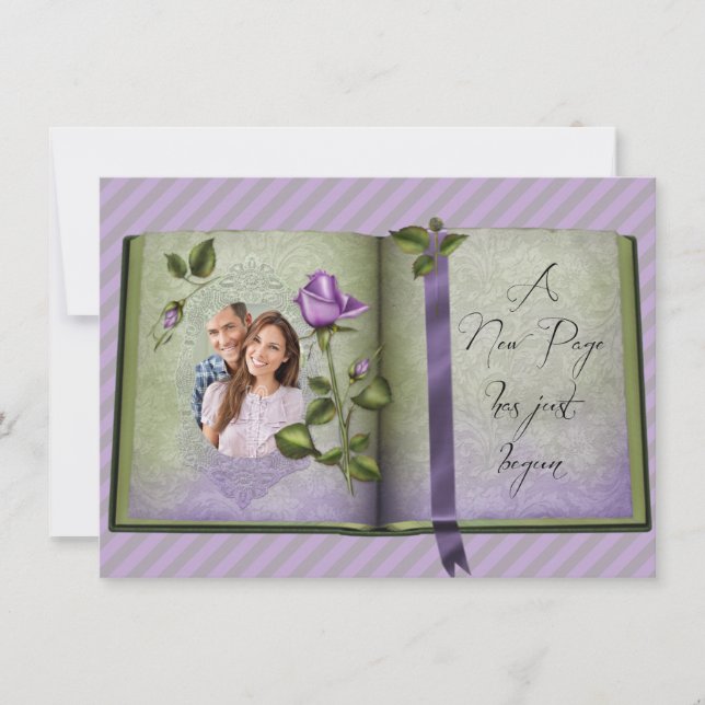 Invitación Retro romántico libro de amor Boda de foto morada (Anverso)