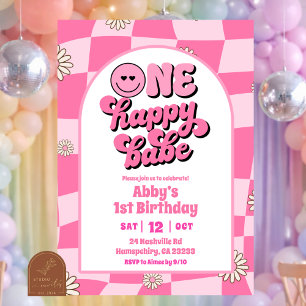 Invitación retro rosa brillante un feliz bebé cumpleaños