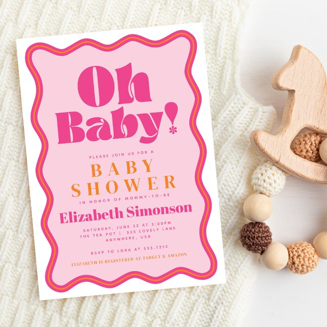Invitación Retro Rosa Oh Baby Wavy Squiggle Frame Baby Shower (Subido por el creador)