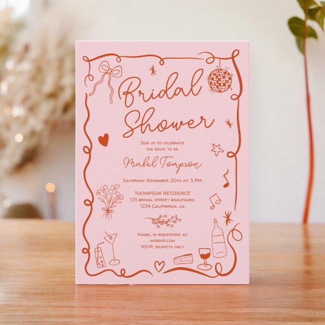 Invitación Retro rosa rojo dibujado a mano, ducha de novia il (Retro pink red hand drawn illustrated bridal shower invitation)