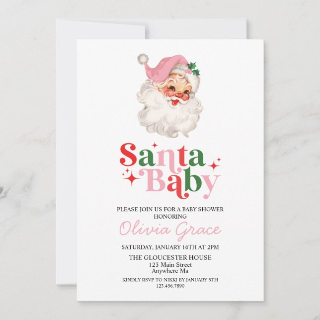 Invitación Retro Rosa Santa Bebé Fiesta de Cumpleaños de Bebé (Anverso)