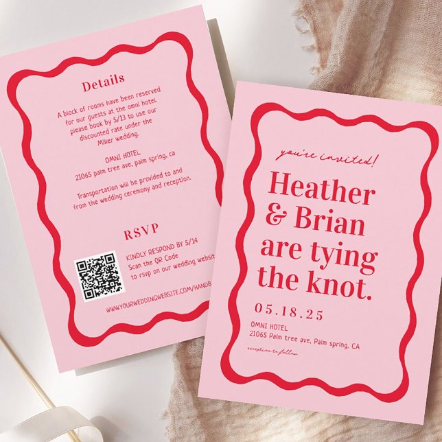 Invitación Retro rosa y rojo atando el Boda Knot QR (Subido por el creador)