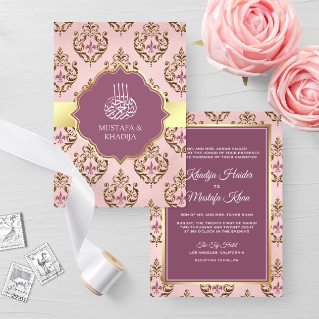Invitación Retro Rubor Pink Purple Gold Damask Boda musulmana (Subido por el creador)
