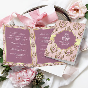 Invitación Retro Rubor Rosa Púrpura Dorado Damasco Boda Musul