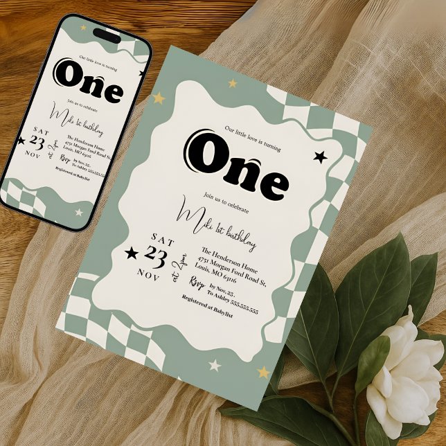 Invitación Retro Sage Green Checkered Groovy One 1st Birthday (Subido por el creador)