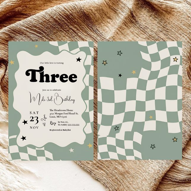 Invitación Retro Sage Green Checkered Young Wild 3rd Birthday (Subido por el creador)