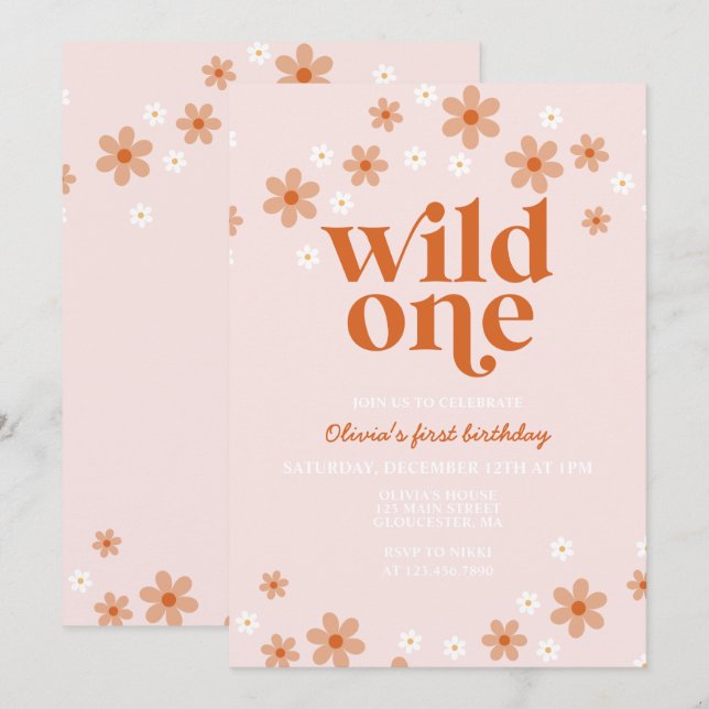 Invitación Retro salvaje una margarita boho primer cumpleaños (Anverso / Reverso)