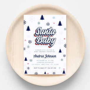 Invitación Retro Santa Bebé Azul Snowflakes Boy Baby Shower
