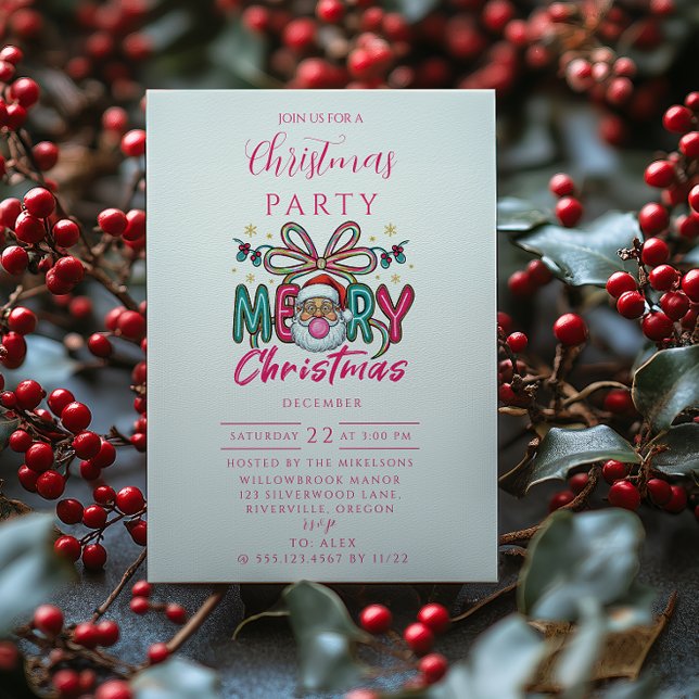 Invitación Retro Santa Merry Christmas Coquette Bow (Subido por el creador)