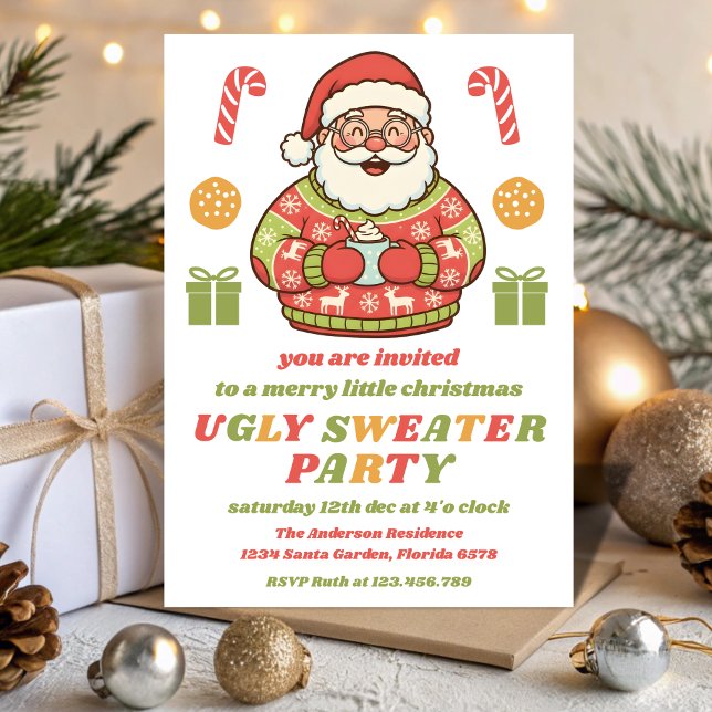 Invitación Retro Santa Ugly Sweater Party Editable (Subido por el creador)