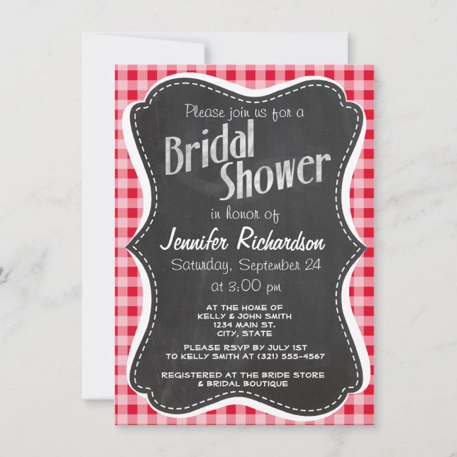 Invitación Retro Scarlet Red Gingham; aspecto de Chalkboard (Anverso)