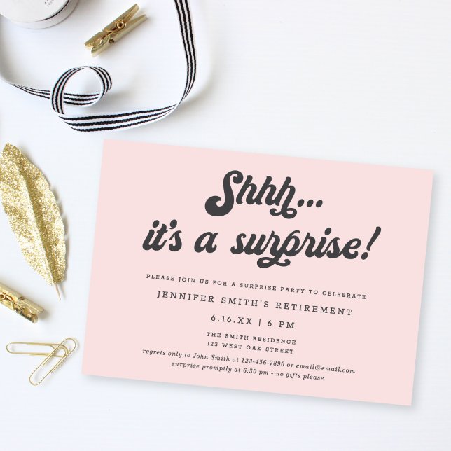 Invitación Retro Script Blush Pink Surprise Retirement Party (Subido por el creador)