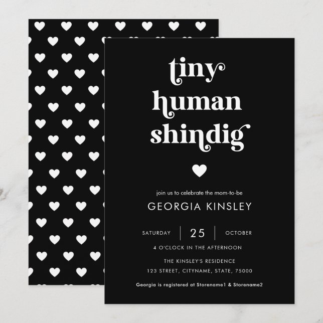 Invitación Retro Script Heart Tiny Human Shindig Baby Shower (Anverso / Reverso)