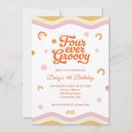 Invitación Retro Sonríe Cuatro Años Groovy Cuarto Cumpleaños