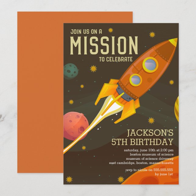 Invitación Retro Space Mission Kids Fiesta de cumpleaños (Anverso / Reverso)