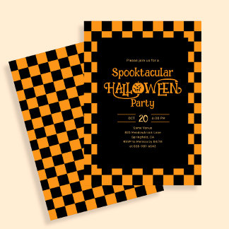 Invitación Retro Spooktacular Halloween Checkered Orange