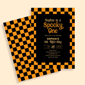 Invitación Retro Spooky One Checkered Orange 1st Birthday