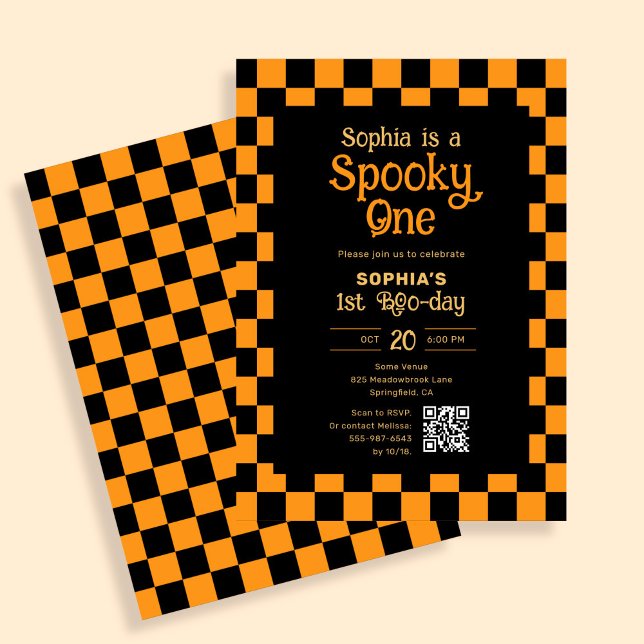 Invitación Retro Spooky One Checkered Orange 1st Birthday (Subido por el creador)