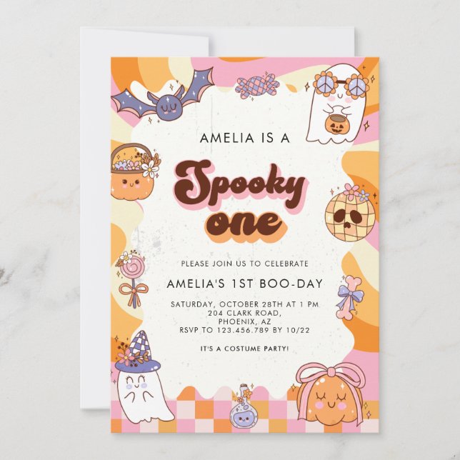 Invitación Retro Spooky One Pink Halloween 1er cumpleaños (Anverso)