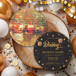 Invitación Retro Stars Black Gold Glitter Disco Ball Wedding