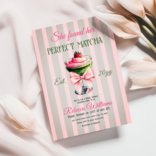 Invitación Retro Strawb Perfect Matcha Pink Bow Bridal Shower (Subido por el creador)