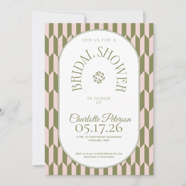 Invitación Retro stripe olive pink typography Bridal Shower (Anverso)