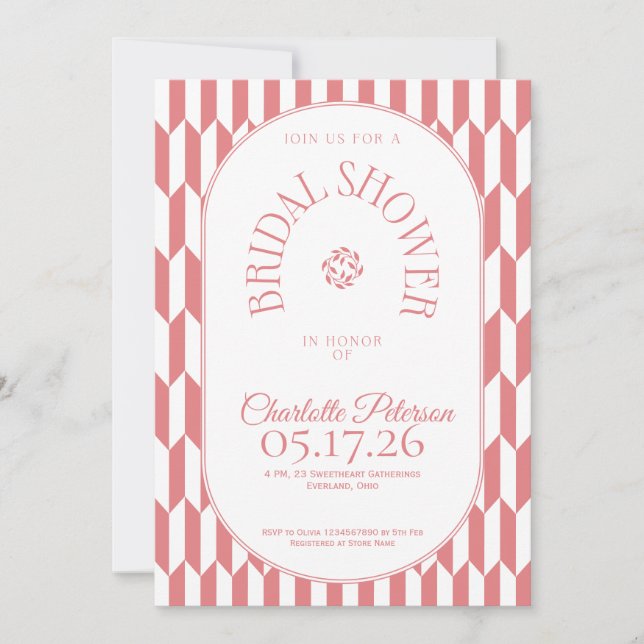 Invitación Retro stripe soft pink typography Bridal Shower (Anverso)