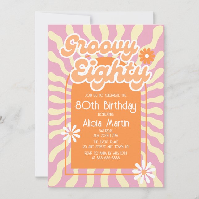 Invitación Retro Sun Wave Daisy Groovy Naranja 80º cumpleaños (Anverso)