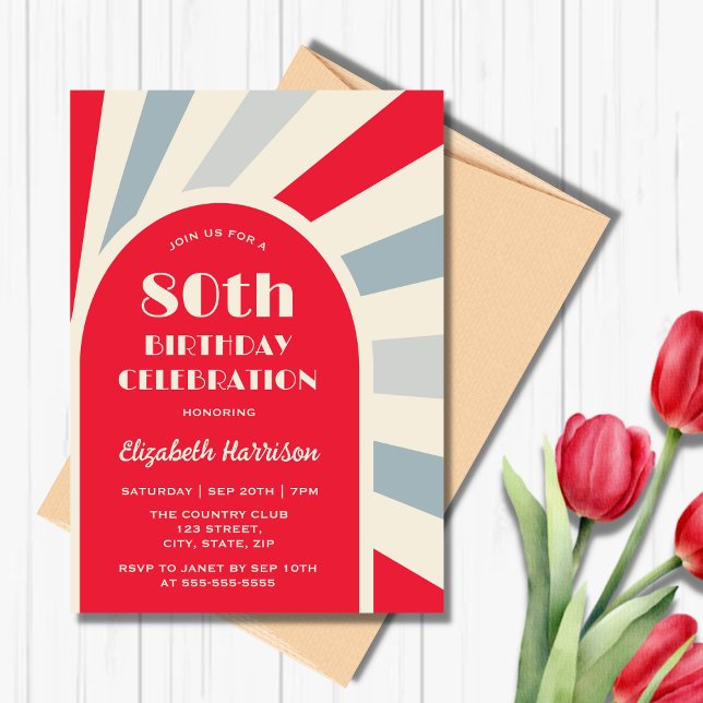 Invitación Retro Sunburst Arch Typography Birday Red (Subido por el creador)