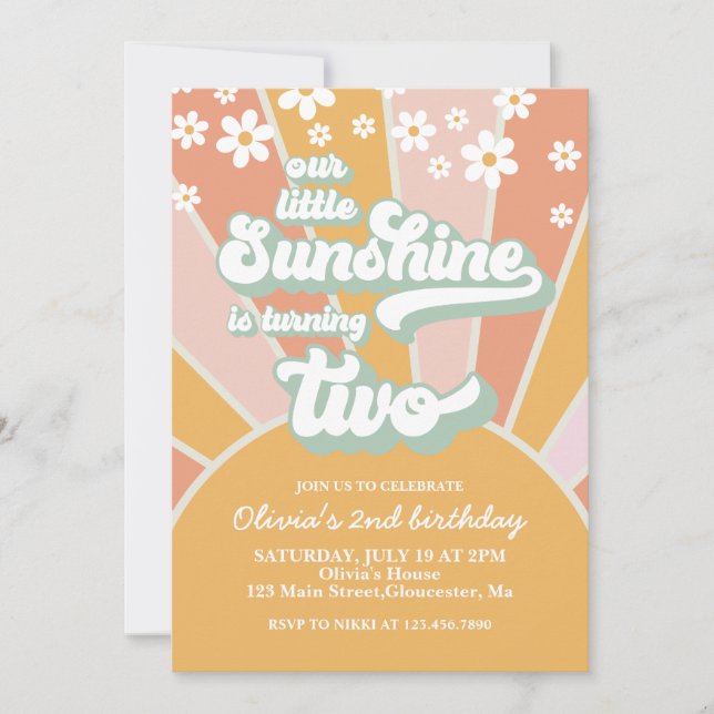 Invitación Retro Sunshine daisy boho floral 2º cumpleaños (Anverso)